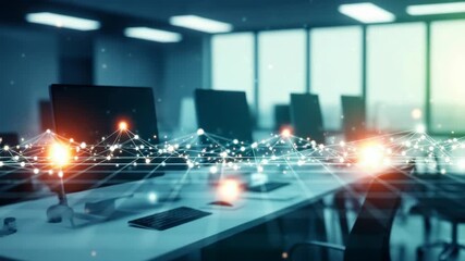 A modern office space with sleek desks and computers featuring a digital network overlay highlighting connectivity and technology innovation in a collaborative environment - Powered by Adobe