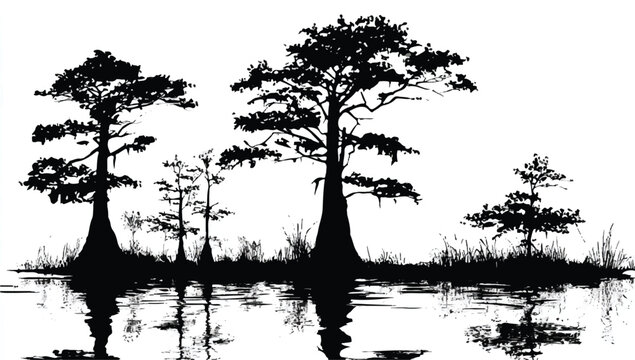 Black and White Cypress Swamp Illustration with Water Reflections and Silhouetted Trees for Nature and Environment Designs