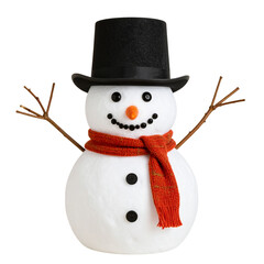 Classic Snowman with Top Hat, Carrot Nose, and Scarf, Front View, Isolated on Transparent Background