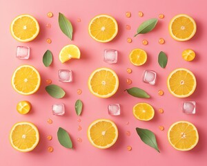 Refreshing Citrus Pattern, Oranges, Lemons, Ice Cubes on Pink