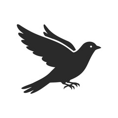 Silhouette of a flying bird with outstretched wings in black on white background