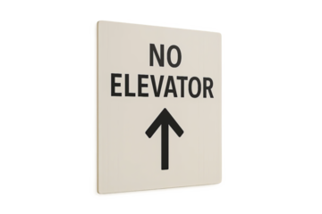 Wall sign with bold black text no elevator and upward arrow on beige square background