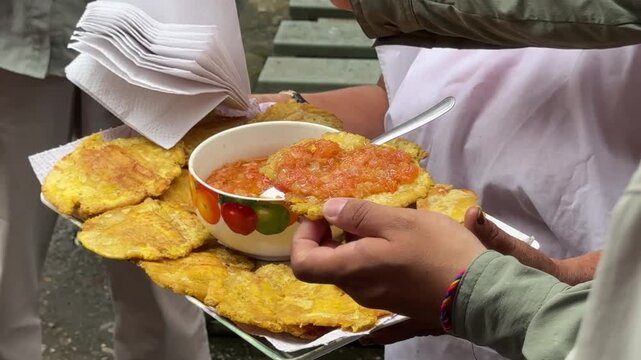 A Plate of Patacones with Hogao (Colombian Tomato and Green Onion Creole Sauce) 