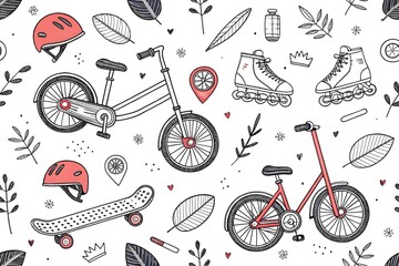 Seamless pattern of hand drawn vintage bicycles skateboards roller skates and helmets with leaves and nature elements