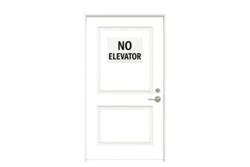 Glass door with frame and no elevator sign in upper section on gray background