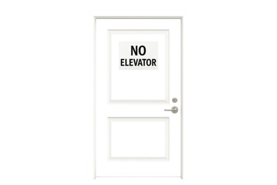 Glass door with frame and no elevator sign in upper section on gray background