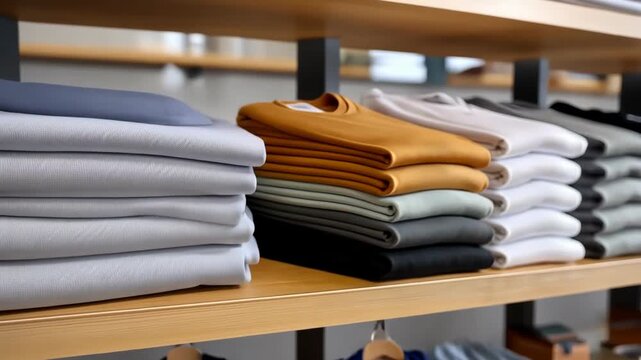 Colorful display of neatly folded shirts in a trendy store showcasing a variety of styles and fabrics in a modern retail environment