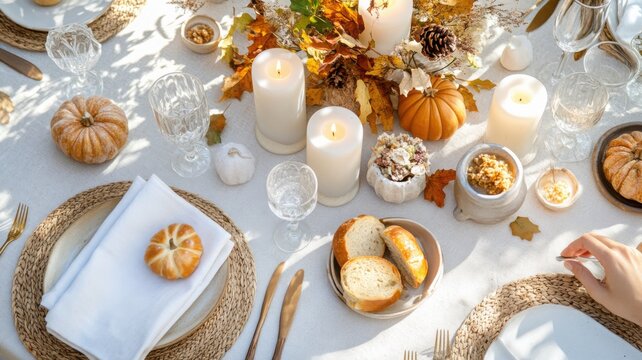Thanksgiving table scene with rustic ceramic dinnerware, candles, fall leaves, and mini pumpkins, with a hand reaching for a bread roll. Autumn - Powered by Adobe