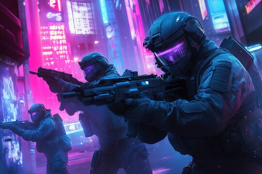 futuristic soldiers in powered armor fighting in a neon-lit cityscape
