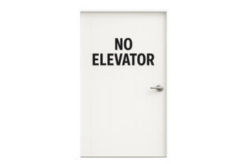 White closed door with large no elevator label centered, clean gray background