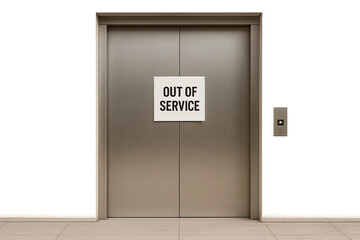 Metal elevator door with out of service paper sign, tile floor and gray wall