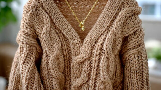 Cozy knitted sweater display in a warm indoor setting with natural lighting showcasing detailed cable patterns
