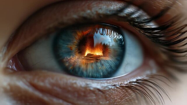 eye with fire reflection inside of it. 
