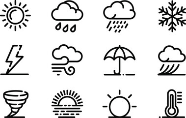 Set of weather icons in black outline clouds rain