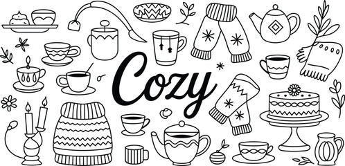 Cozy hand-drawn doodle set with tea, sweaters, cake, mittens, candles, hygge style, black and white cozy illustration