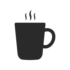 Minimalist steaming coffee mug icon in black on white background