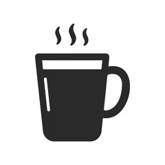 Simple black coffee mug icon with steam on white background