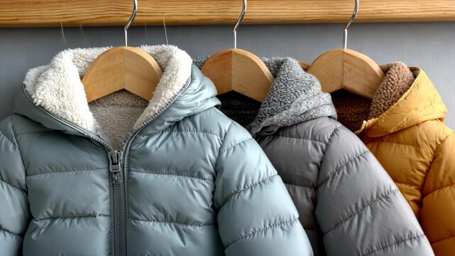 Explore stylish winter jackets hanging in a cozy indoor space during the colder months with diverse colors and textures representing seasonal fashion choices