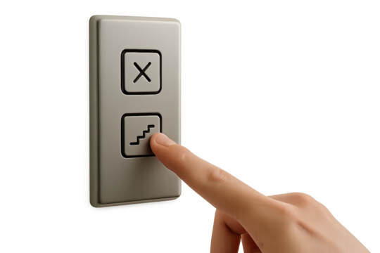 Close-up of hand pressing stair button on panel with elevator cancel icon, minimal background