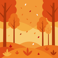 Autumn forest scene with falling leaves and rolling hills