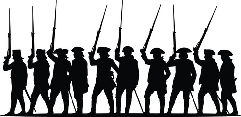 Silhouette of a line of colonial soldiers holding muskets