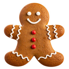 Classic Gingerbread Man Cookie with Icing Smile and Red Buttons, Front View, Isolated on Transparent Background