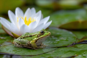 A frog sits on a lily pad in front of a white water lily