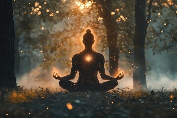 Obraz premium meditating figure with glowing aura surrounded by soft mist in a forest