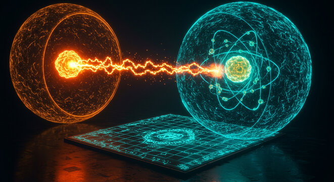 Futuristic Reimagining of Rutherford&rsquo;s Gold Foil Experiment with Neon Elements