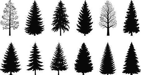 Fototapeta premium Collection of diverse pine tree silhouettes in various styles and sizes