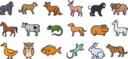 Obraz premium Colorful and Diverse Animal Collection Icon Set