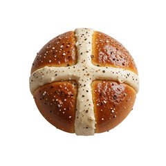 Close up of a single round Hot Cross Bun with a white icing cross and spice topping
