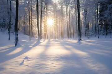 Naklejka premium peaceful meditation in a snow-covered forest with soft sunlight filtering through