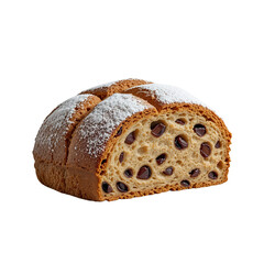 Sliced loaf of sweet bread with chocolate chips dusted with powdered sugar