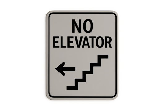 No elevator sign with left arrow and stair graphic on beige board, isolated on gray