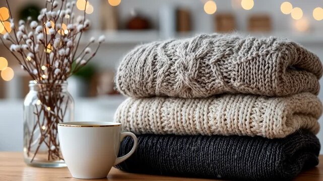 Cozy knitted sweaters stacked on a wooden table with a warm cup ready for a relaxing evening in a stylish interior