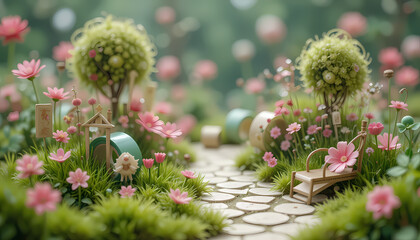 Enchanting Miniature Garden Pathway Filled with Whimsical Pink Blooms and Lush Greenery, Inviting a Serene Escape into a Dreamlike Natural World