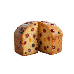 Half sliced sweet bread with multiple berries and powdered sugar fruitcake