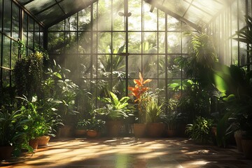 peaceful meditation inside a sunlit greenhouse filled with tropical plants