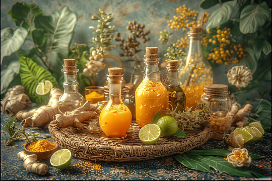 Artistic Flat Lay of Traditional Indonesian Herbal Drinks with Tropical Botanicals