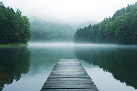 peaceful meditation on a floating dock on a calm forest lake with mist