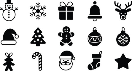 Collection of classic christmas icons in black and white silhouette