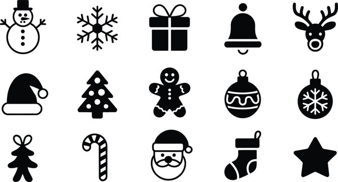 Collection of classic christmas icons in black and white silhouette - Powered by Adobe