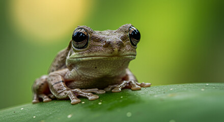 Obraz premium Macro Image of Tree Frog Sitting on Leaf with Rainforest Background
