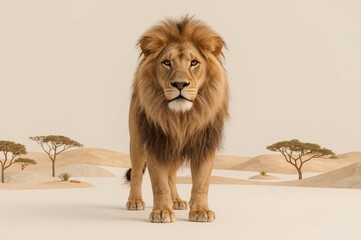 Obraz premium Majestic lion standing, desert backdrop, safari, 3D render, wildlife