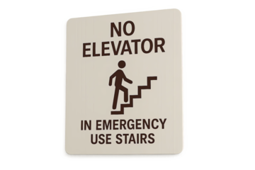 No elevator emergency use stairs warning sign with walking person symbol on beige plate
