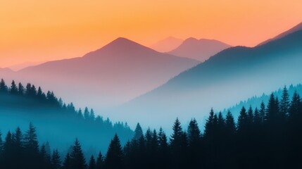 Obraz premium A serene mountain landscape at sunset, featuring layered peaks and a forest of pine trees shrouded in mist, bathed in warm hues of orange and blue.