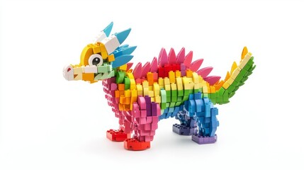 A vibrant, colorful toy dragon model made from building blocks, showcasing creativity and imagination.