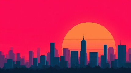 Fototapeta premium A vibrant city skyline at sunset with a large sun and vivid pink sky, showcasing silhouettes of buildings against a colorful backdrop.