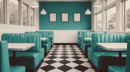 A retro diner interior featuring teal booths, a black and white checkered floor, and large windows for natural light.